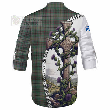 Craig Tartan Ghillie Kilt Shirt with Family Crest and St. Andrew's Cross Accented by Thistle Vines