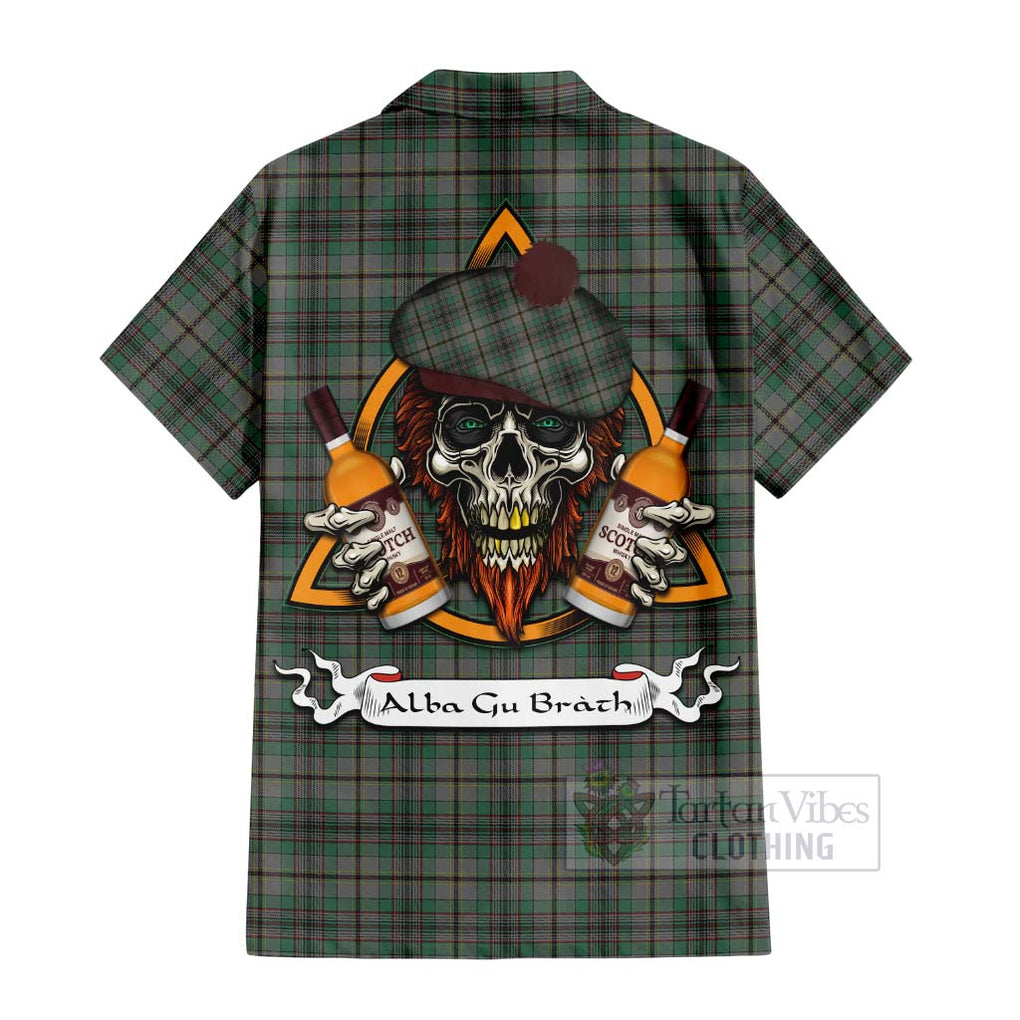 Tartan Vibes Clothing Craig Tartan Short Sleeve Button Shirt with Family Crest and Bearded Skull Holding Bottles of Whiskey