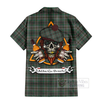 Craig Tartan Short Sleeve Button Shirt with Family Crest and Bearded Skull Holding Bottles of Whiskey