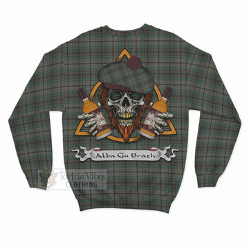 Craig Tartan Sweatshirt with Family Crest and Bearded Skull Holding Bottles of Whiskey