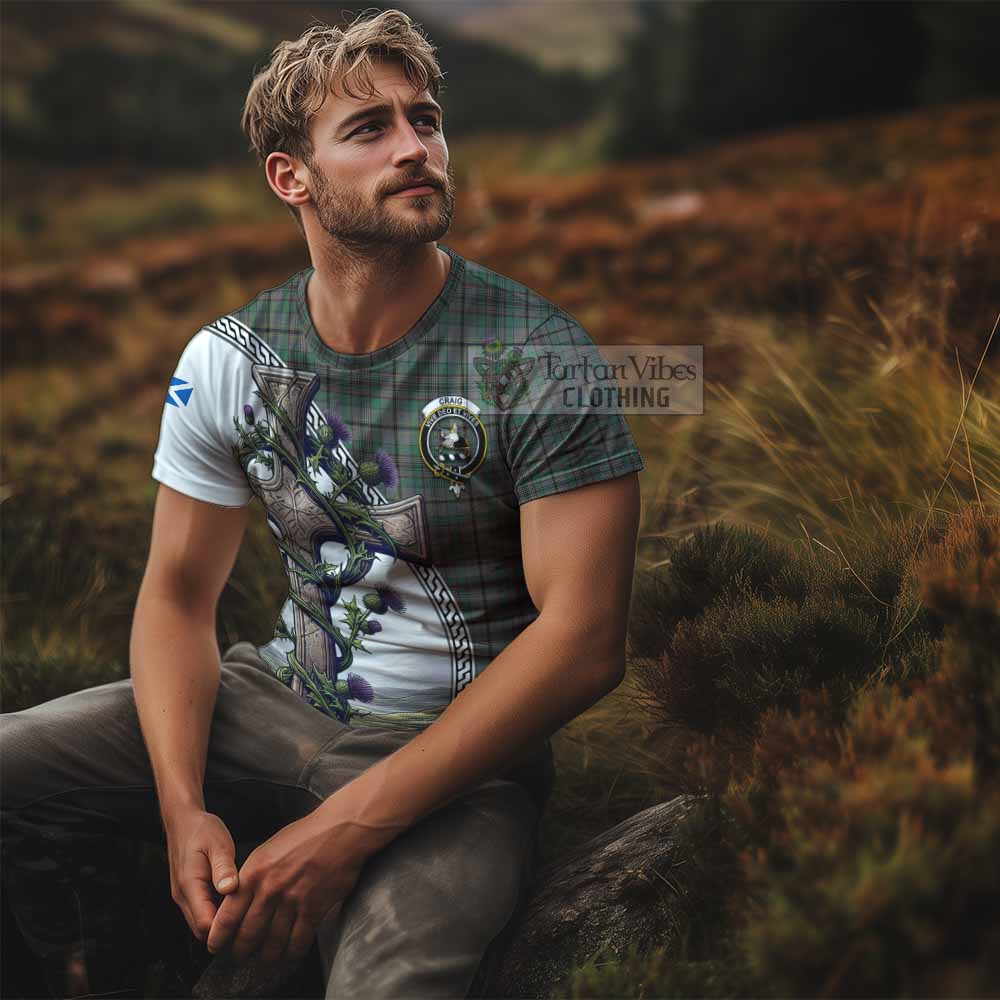 Tartan Vibes Clothing Craig Agnew Tartan T-Shirt with Family Crest and St. Andrew's Cross Accented by Thistle Vines