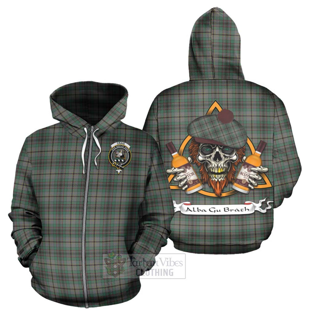 Tartan Vibes Clothing Craig Tartan Hoodie with Family Crest and Bearded Skull Holding Bottles of Whiskey