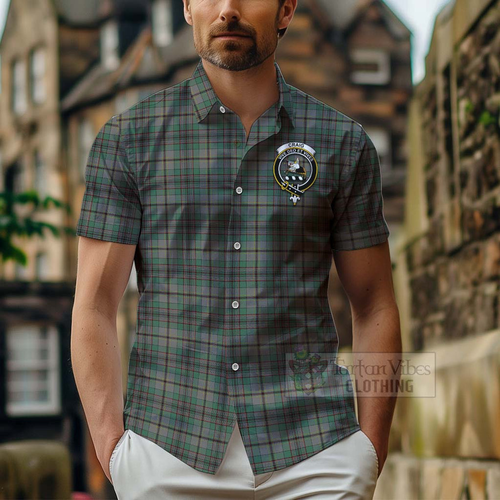 Tartan Vibes Clothing Craig Tartan Short Sleeve Button Shirt with Family Crest Celtic Skull Style