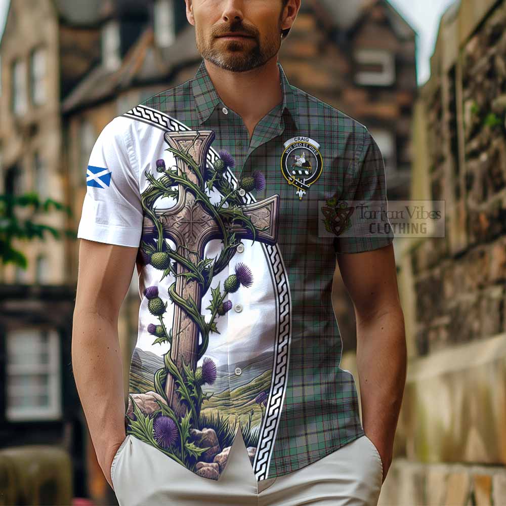 Tartan Vibes Clothing Craig Tartan Short Sleeve Button Shirt with Family Crest and St. Andrew's Cross Accented by Thistle Vines