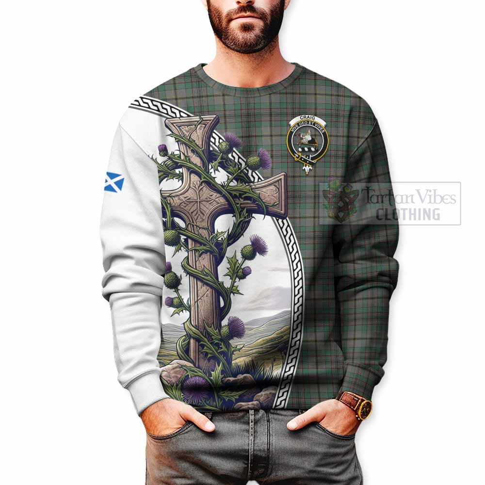 Tartan Vibes Clothing Craig Tartan Sweatshirt with Family Crest and St. Andrew's Cross Accented by Thistle Vines