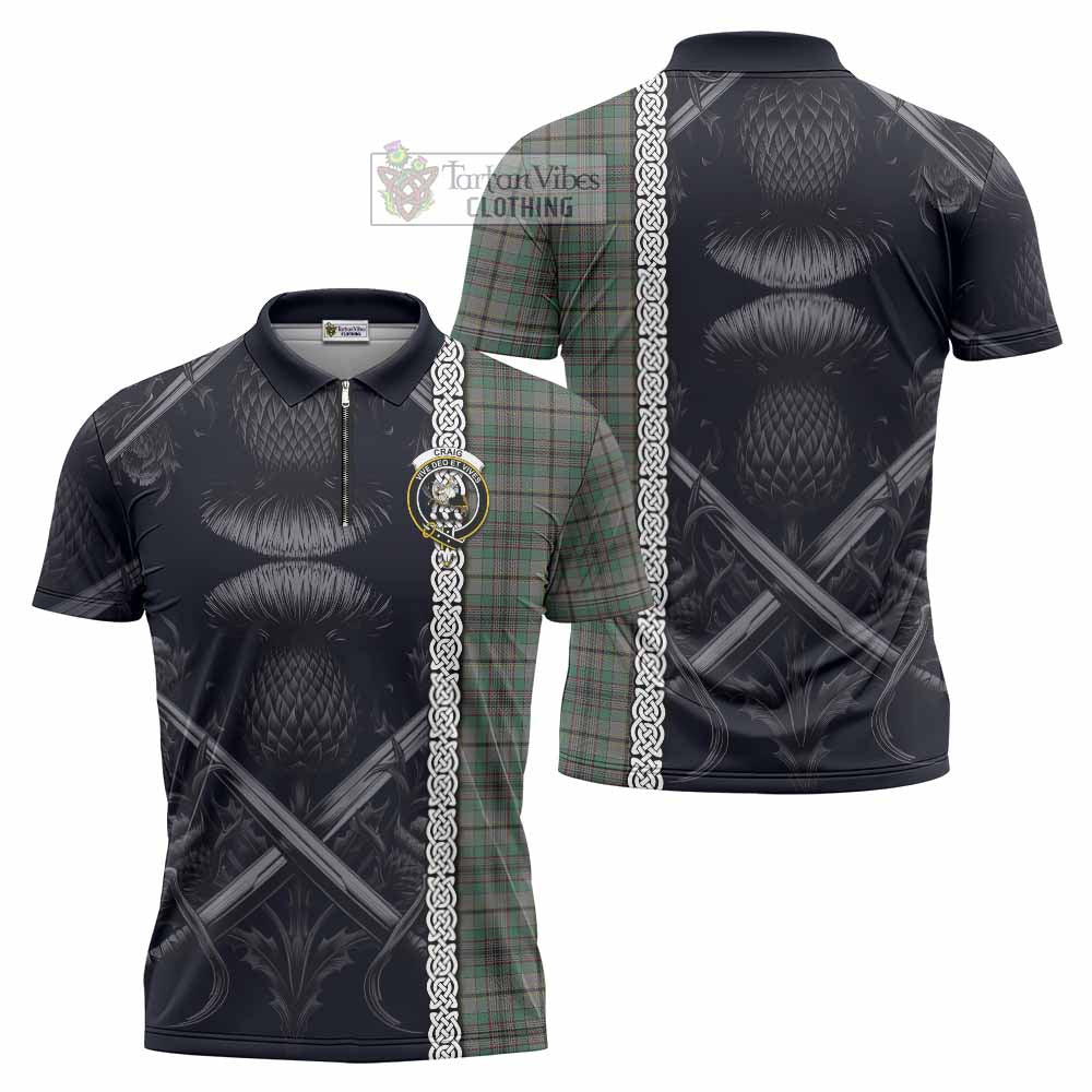 Tartan Vibes Clothing Craig Tartan Zipper Polo Shirt with Family Crest Cross Sword Thistle Celtic Vibes