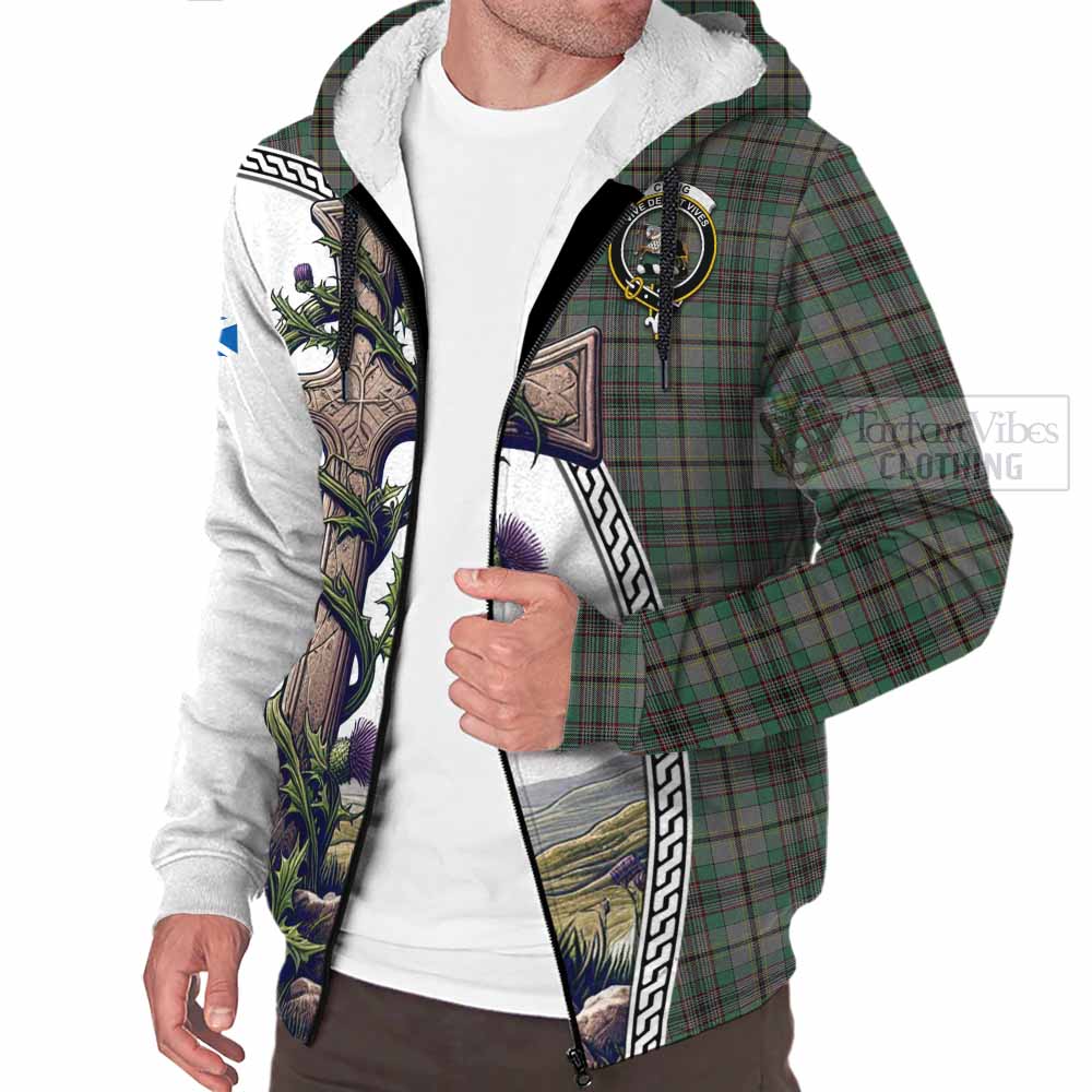 Tartan Vibes Clothing Craig Tartan Sherpa Hoodie with Family Crest and St. Andrew's Cross Accented by Thistle Vines