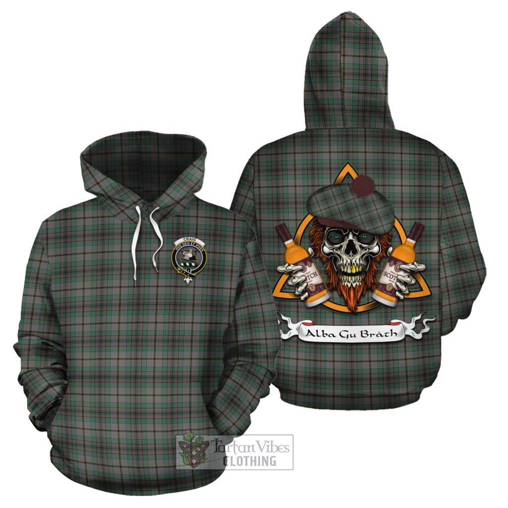 Tartan Vibes Clothing Craig Tartan Cotton Hoodie with Family Crest and Bearded Skull Holding Bottles of Whiskey