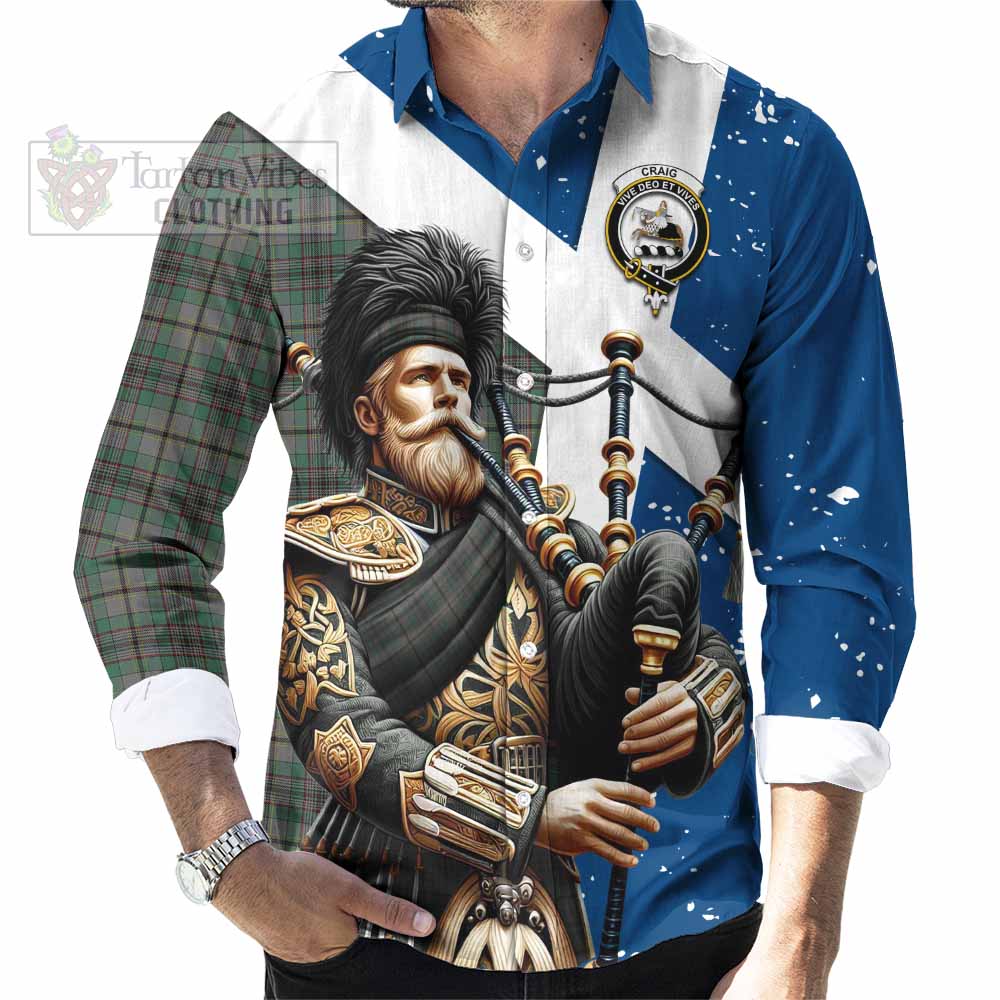 Tartan Vibes Clothing Craig Tartan Long Sleeve Button Shirt with Family Crest Scottish Bagpiper Vibes