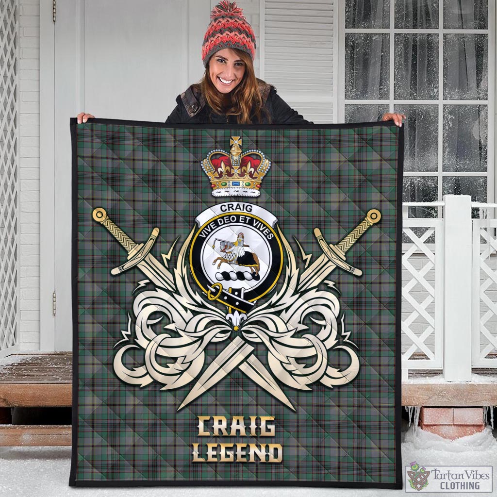 Tartan Vibes Clothing Craig Tartan Quilt with Clan Crest and the Golden Sword of Courageous Legacy