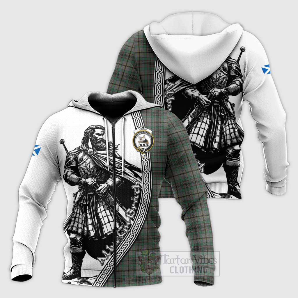 Tartan Vibes Clothing Craig Tartan Clan Crest Knitted Hoodie with Highlander Warrior Celtic Style