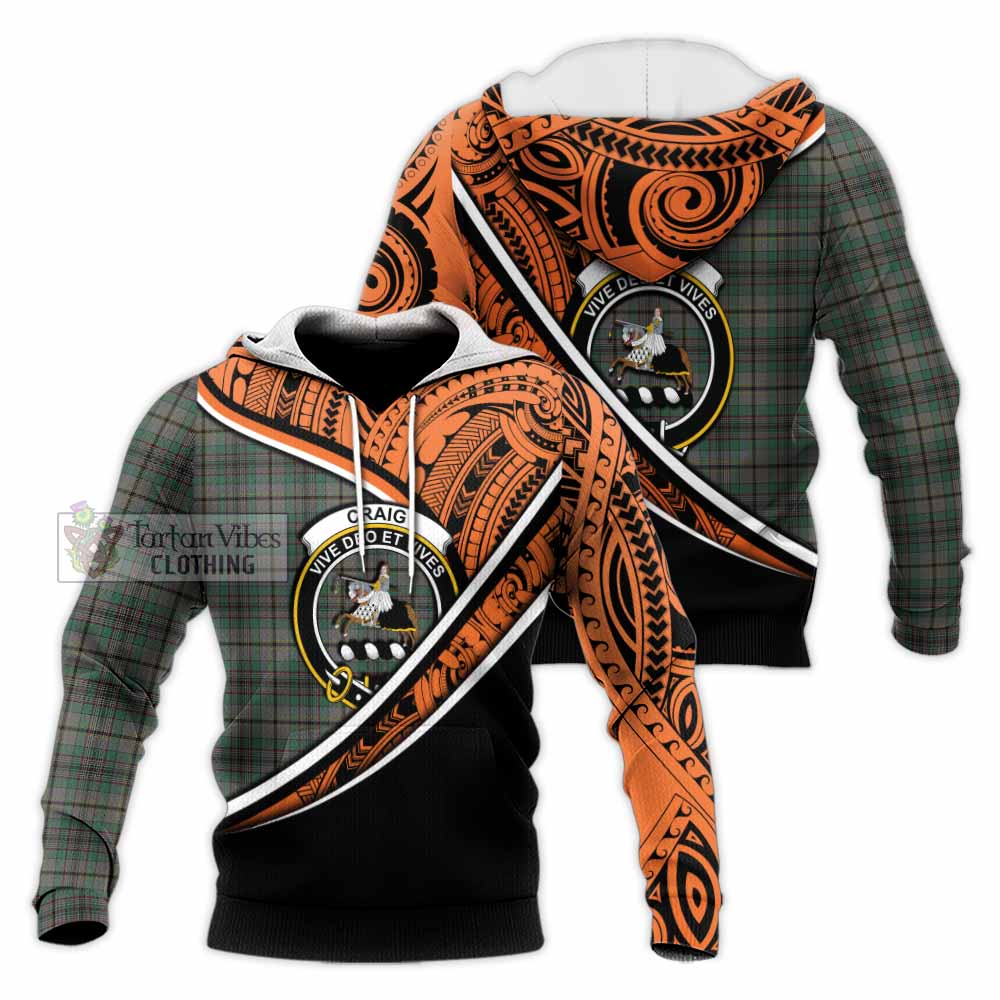 Tartan Vibes Clothing Craig Crest Tartan Knitted Hoodie with Maori Tattoo Style - Orange Version