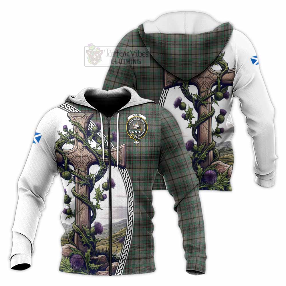 Tartan Vibes Clothing Craig Tartan Knitted Hoodie with Family Crest and St. Andrew's Cross Accented by Thistle Vines