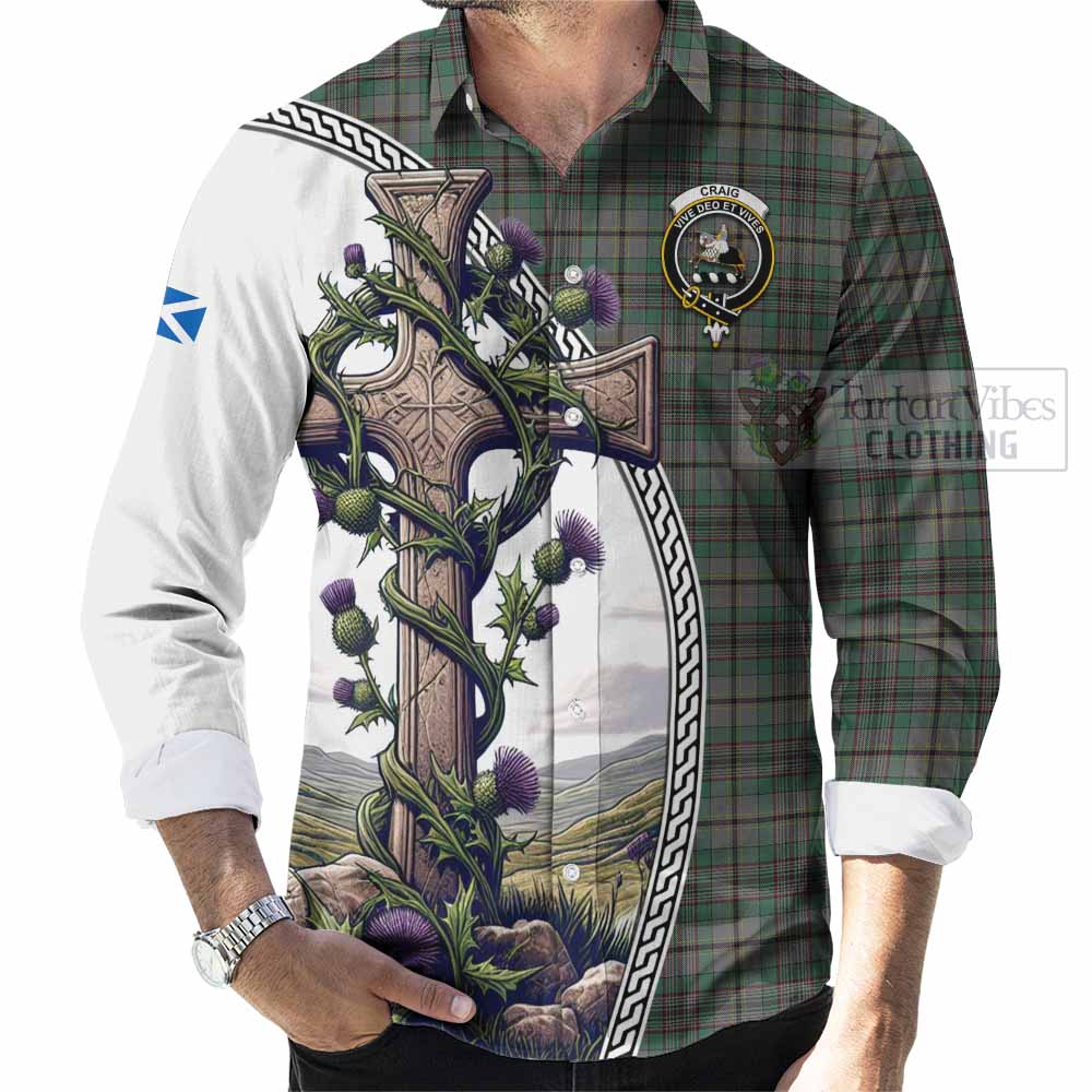 Tartan Vibes Clothing Craig Tartan Long Sleeve Button Shirt with Family Crest and St. Andrew's Cross Accented by Thistle Vines