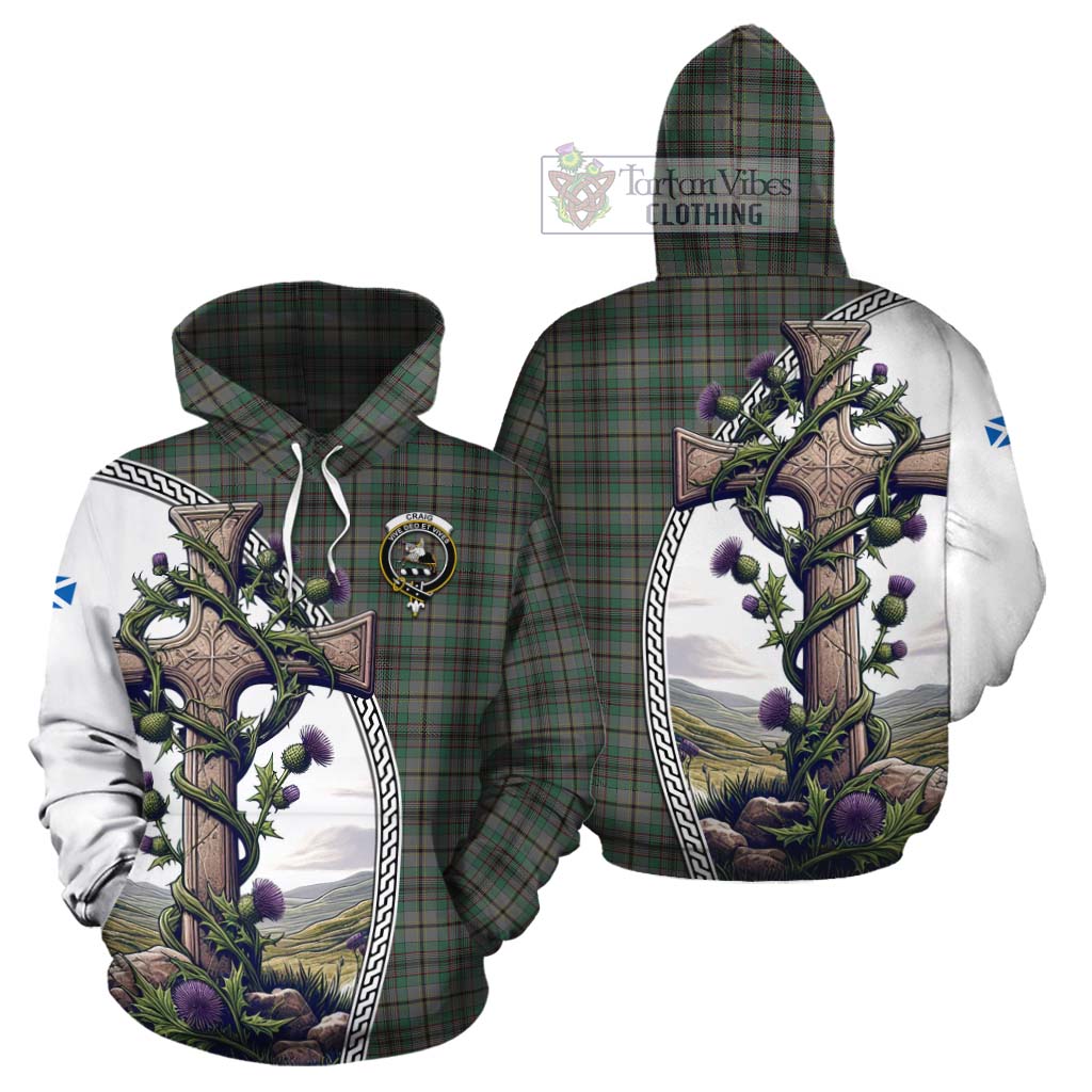 Tartan Vibes Clothing Craig Tartan Cotton Hoodie with Family Crest and St. Andrew's Cross Accented by Thistle Vines