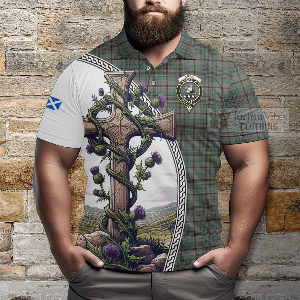 Tartan Vibes Clothing Craig Tartan Polo Shirt with Family Crest and St. Andrew's Cross Accented by Thistle Vines