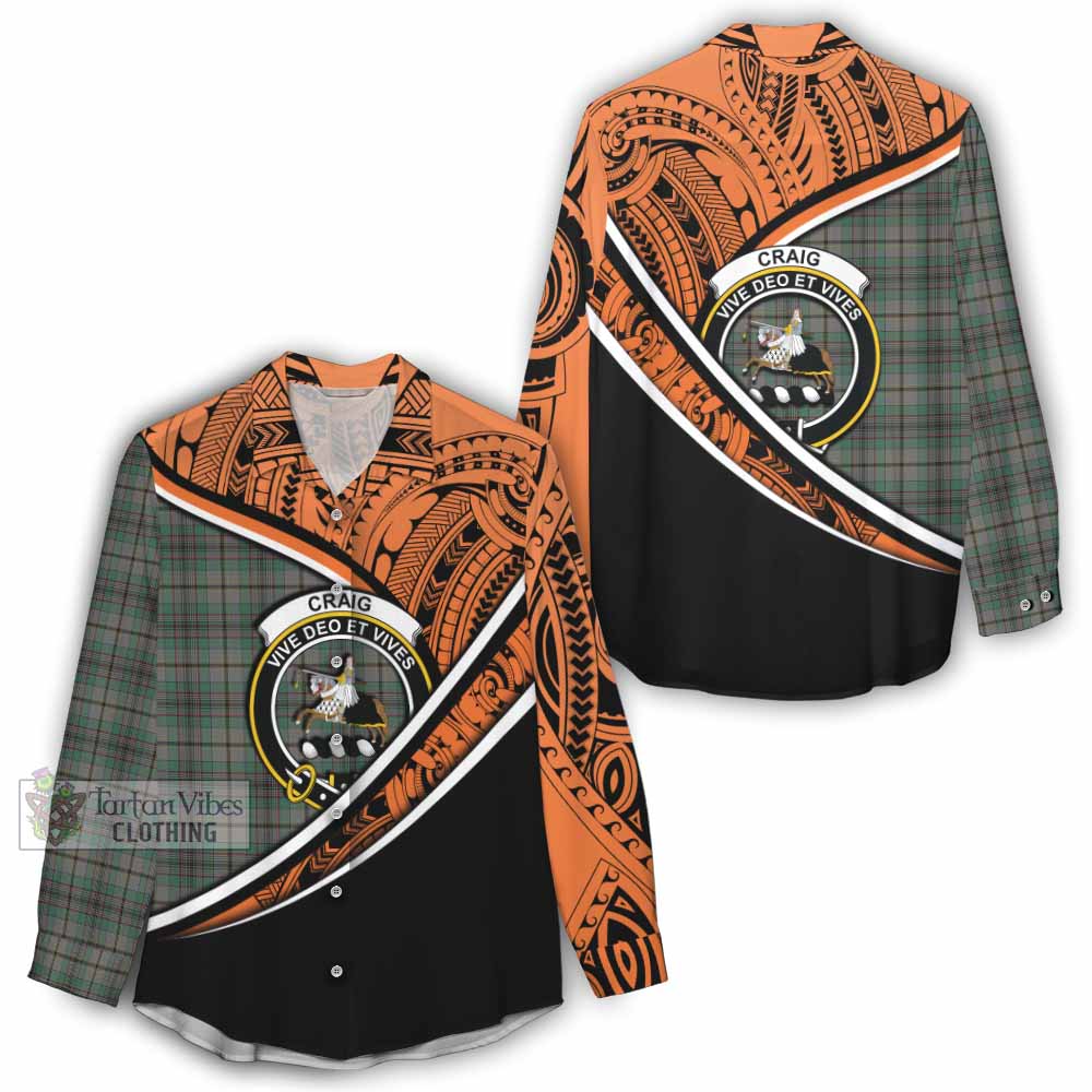 Tartan Vibes Clothing Craig Crest Tartan Women's Casual Shirt with Maori Tattoo Style - Orange Version