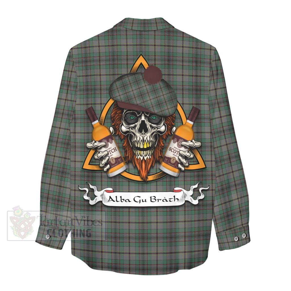 Tartan Vibes Clothing Craig Tartan Women's Casual Shirt with Family Crest and Bearded Skull Holding Bottles of Whiskey