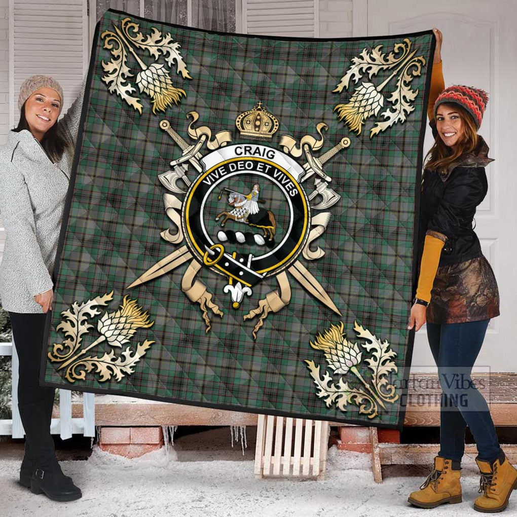 Tartan Vibes Clothing Craig Tartan Quilt with Family Crest and Scottish Golden Courage Shield