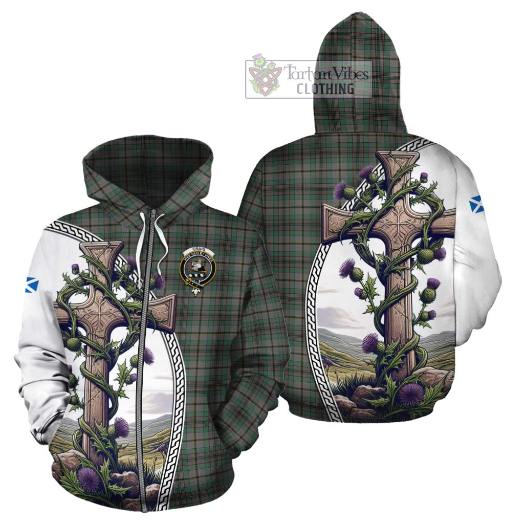 Tartan Vibes Clothing Craig Tartan Cotton Hoodie with Family Crest and St. Andrew's Cross Accented by Thistle Vines