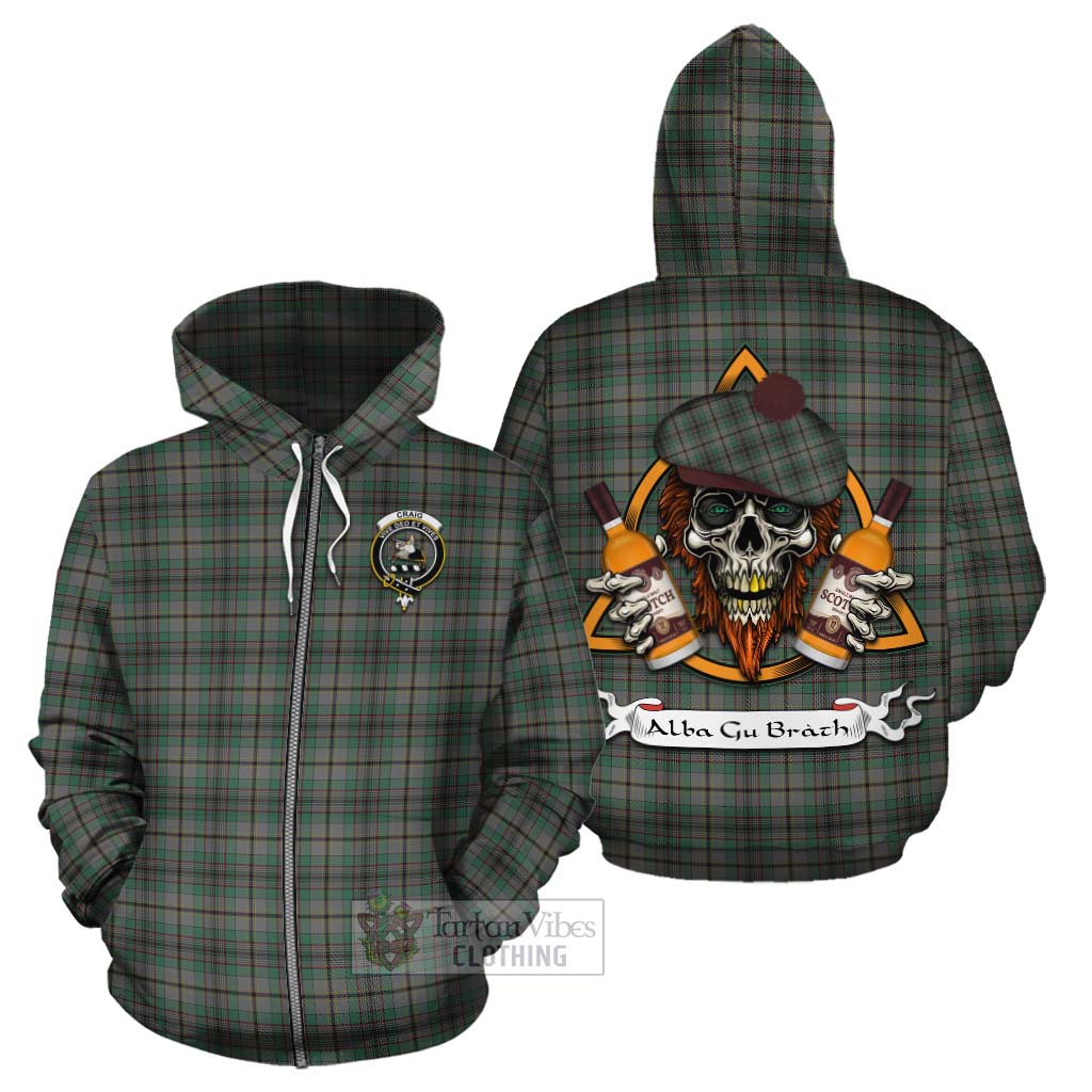 Tartan Vibes Clothing Craig Tartan Cotton Hoodie with Family Crest and Bearded Skull Holding Bottles of Whiskey