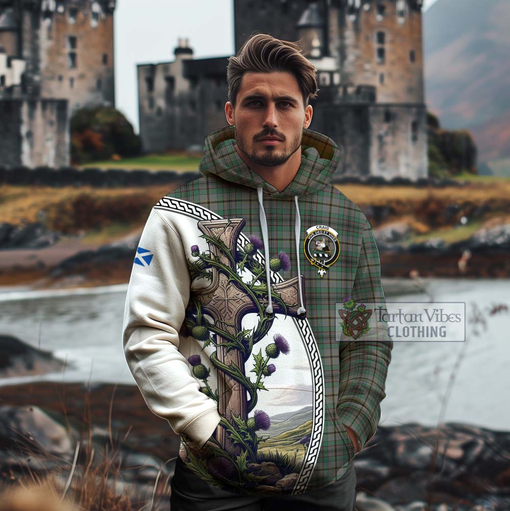 Tartan Vibes Clothing Craig Tartan Cotton Hoodie with Family Crest and St. Andrew's Cross Accented by Thistle Vines