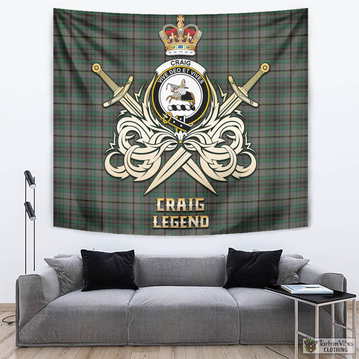 Tartan Vibes Clothing Craig Tartan Tapestry with Clan Crest and the Golden Sword of Courageous Legacy