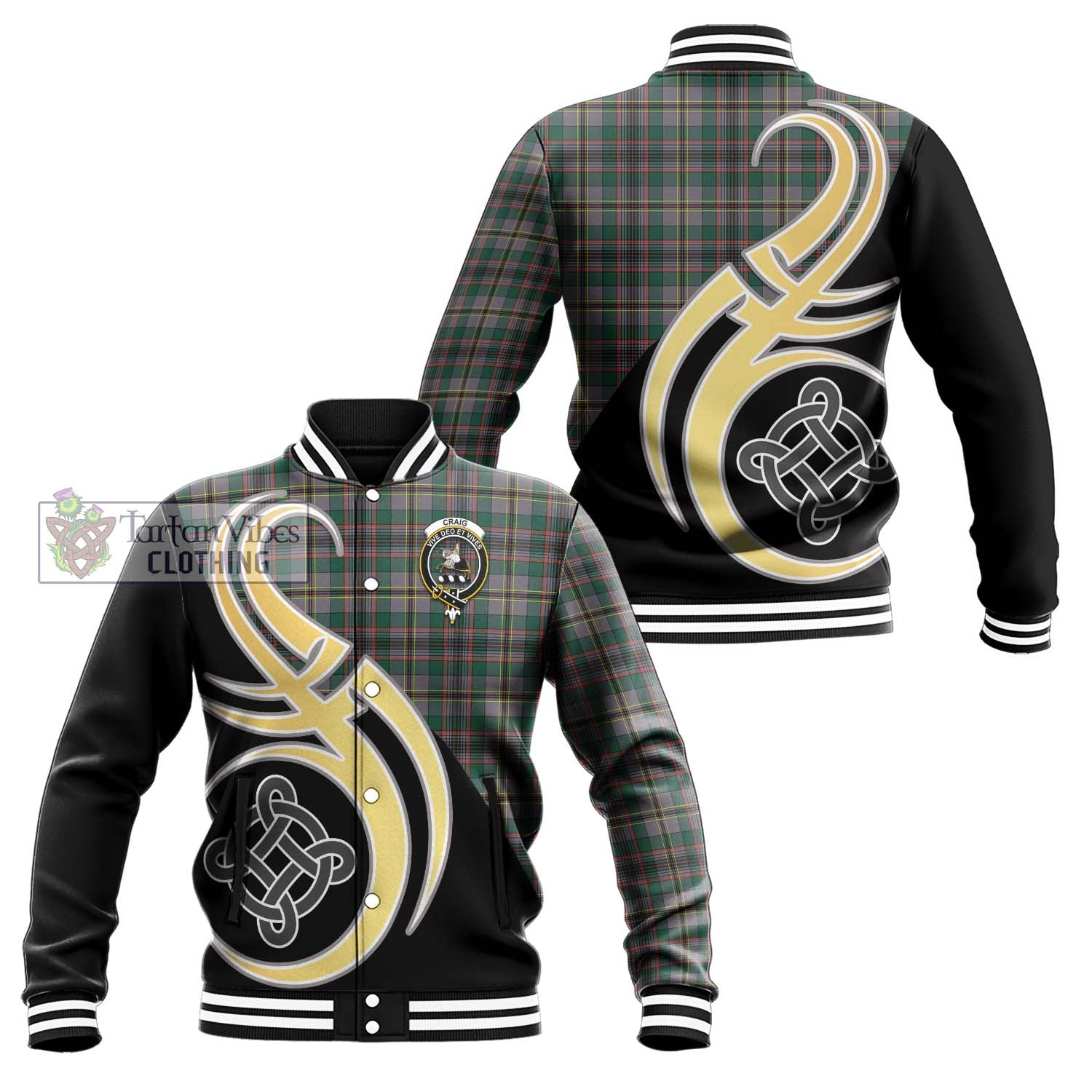 Craig Ancient Tartan Baseball Jacket with Family Crest and Celtic Symbol Style Unisex - Tartan Vibes Clothing