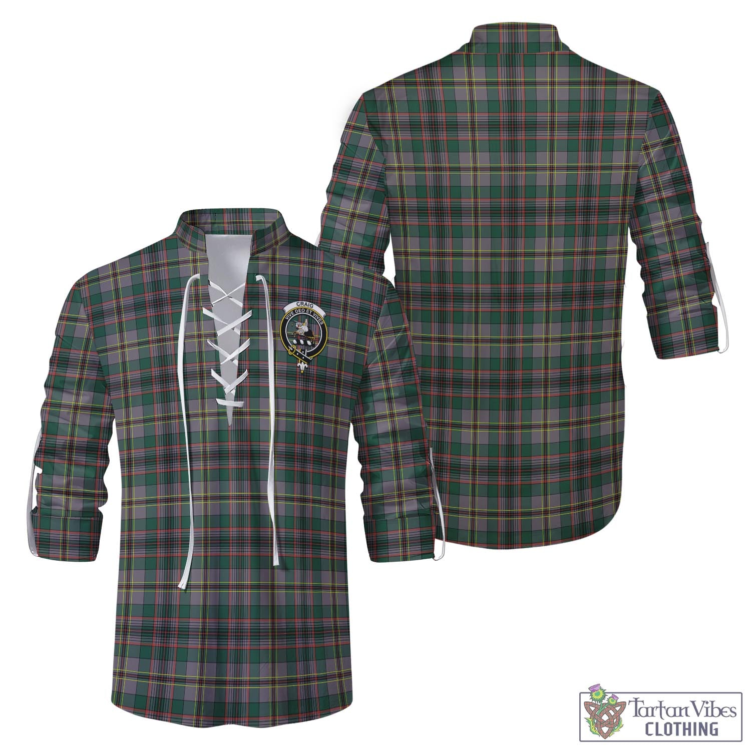 Tartan Vibes Clothing Craig Ancient Tartan Men's Scottish Traditional Jacobite Ghillie Kilt Shirt with Family Crest