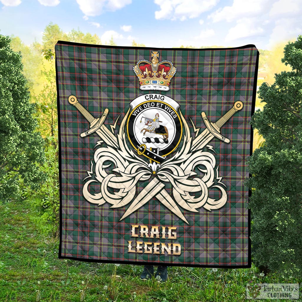 Tartan Vibes Clothing Craig Ancient Tartan Quilt with Clan Crest and the Golden Sword of Courageous Legacy