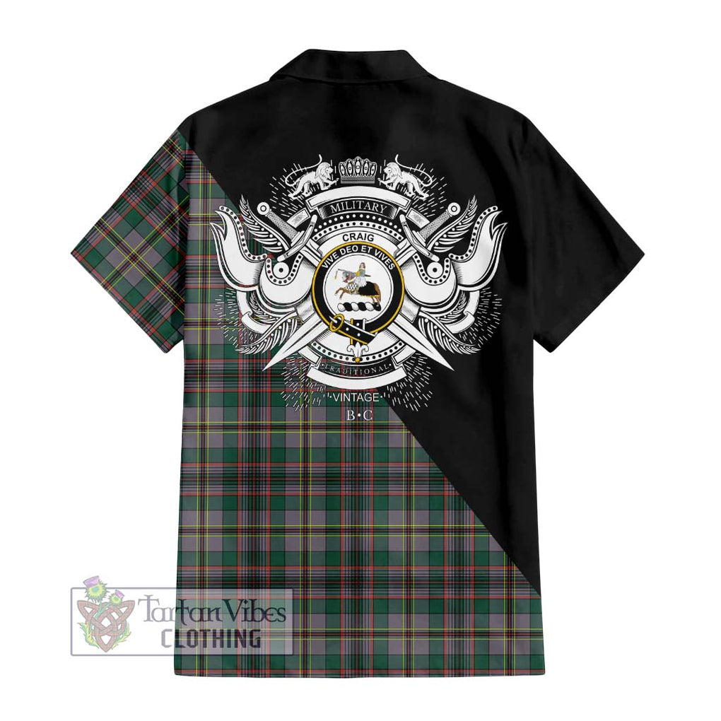 Craig Ancient Tartan Short Sleeve Button Shirt with Family Crest and Military Logo Style - Tartanvibesclothing Shop