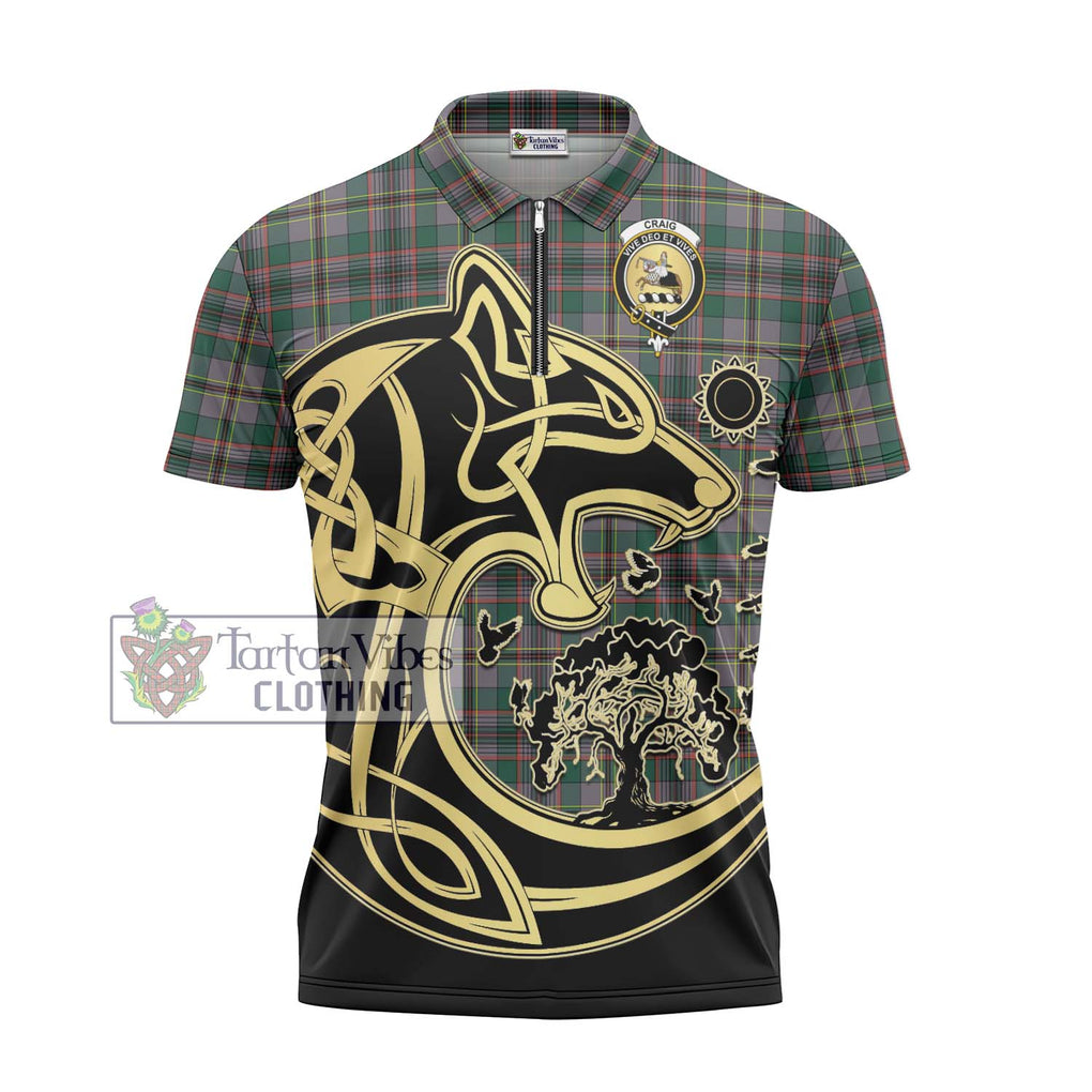 Craig Ancient Tartan Zipper Polo Shirt with Family Crest Celtic Wolf Style - Tartanvibesclothing Shop