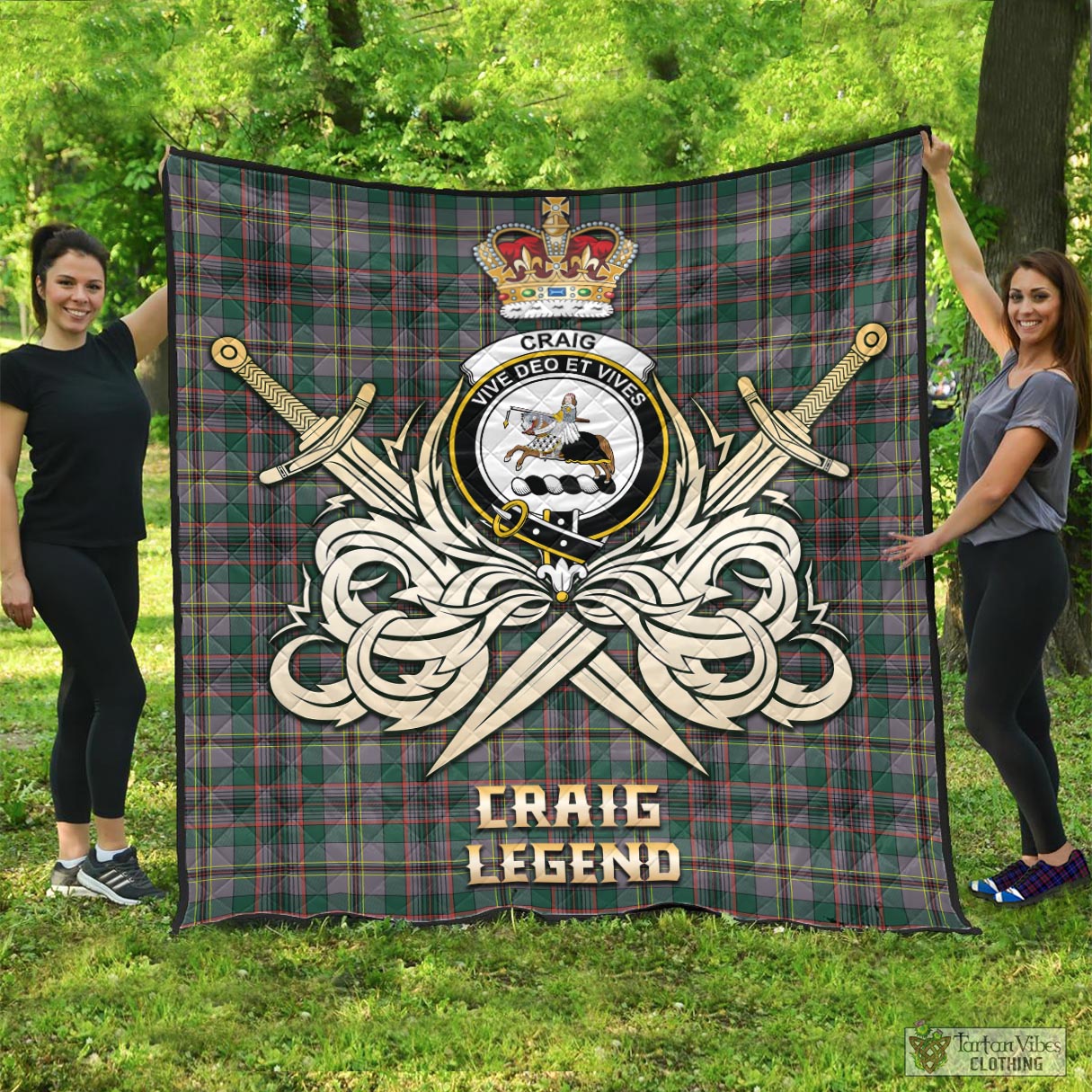 Tartan Vibes Clothing Craig Ancient Tartan Quilt with Clan Crest and the Golden Sword of Courageous Legacy