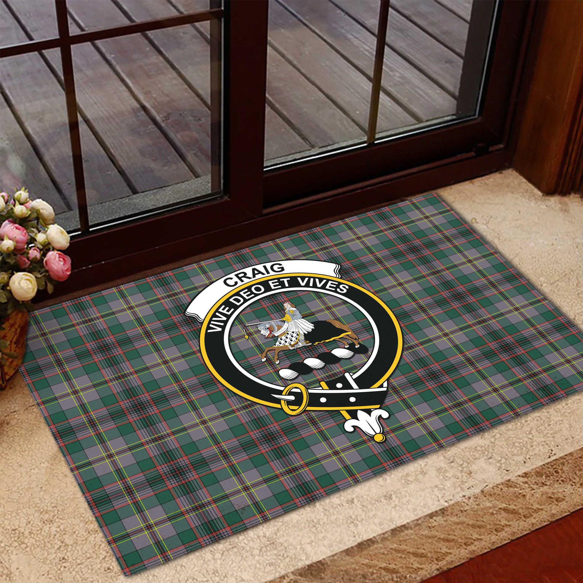 Craig Ancient Tartan Door Mat with Family Crest - Tartanvibesclothing