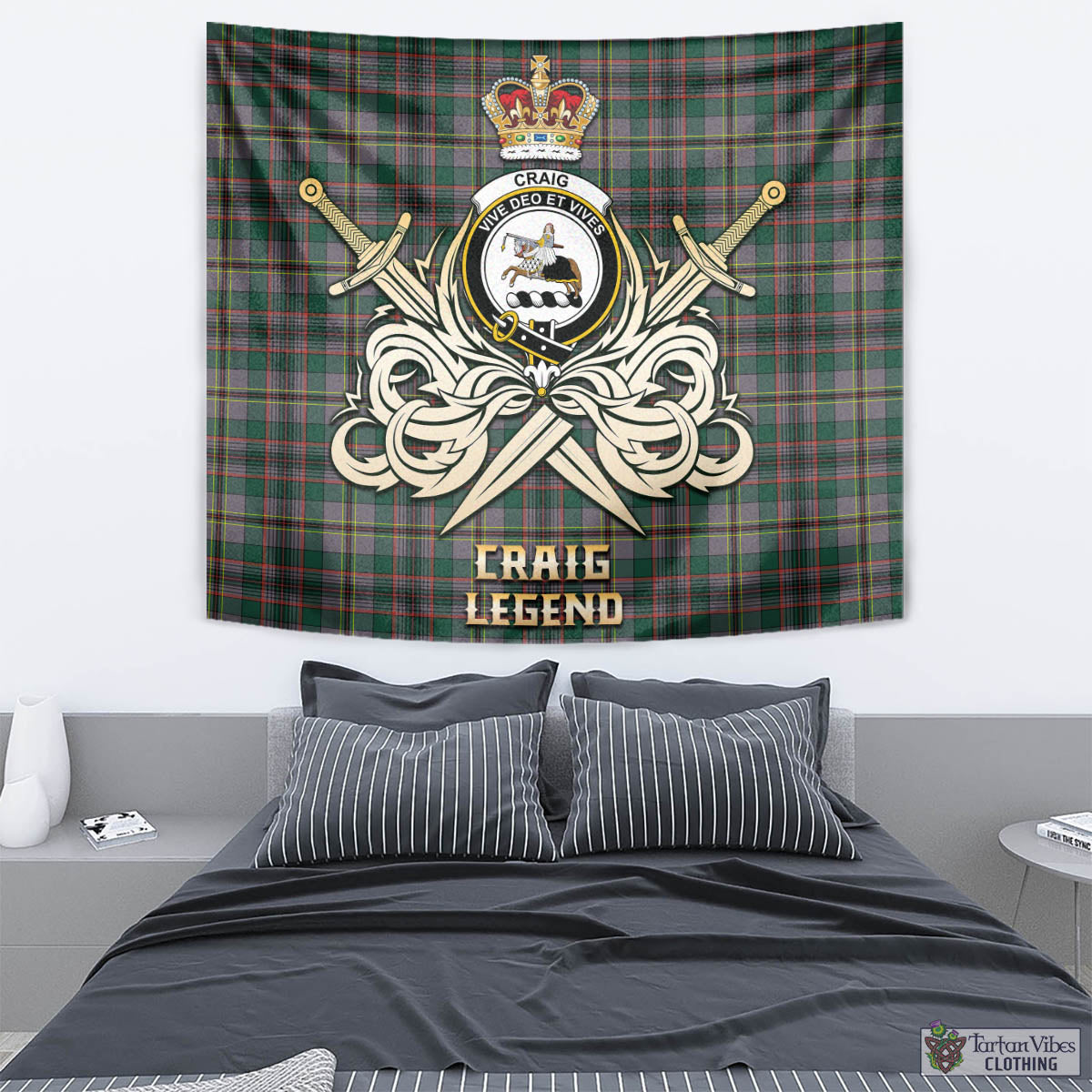 Tartan Vibes Clothing Craig Ancient Tartan Tapestry with Clan Crest and the Golden Sword of Courageous Legacy