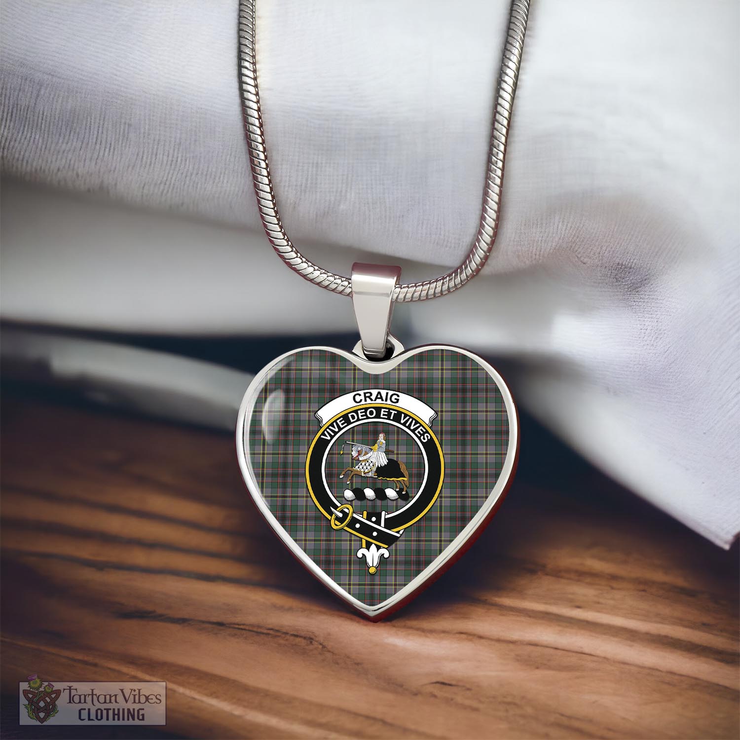 Tartan Vibes Clothing Craig Ancient Tartan Heart Necklace with Family Crest