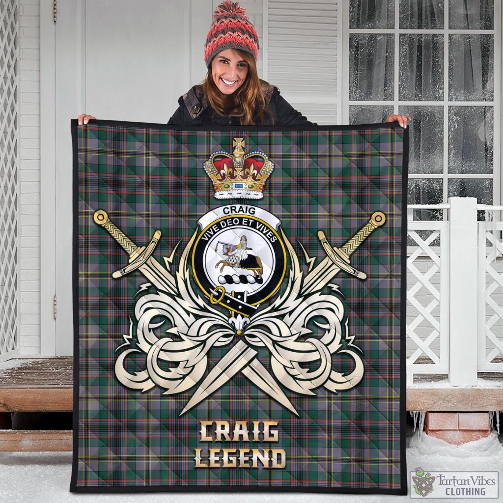 Tartan Vibes Clothing Craig Ancient Tartan Quilt with Clan Crest and the Golden Sword of Courageous Legacy