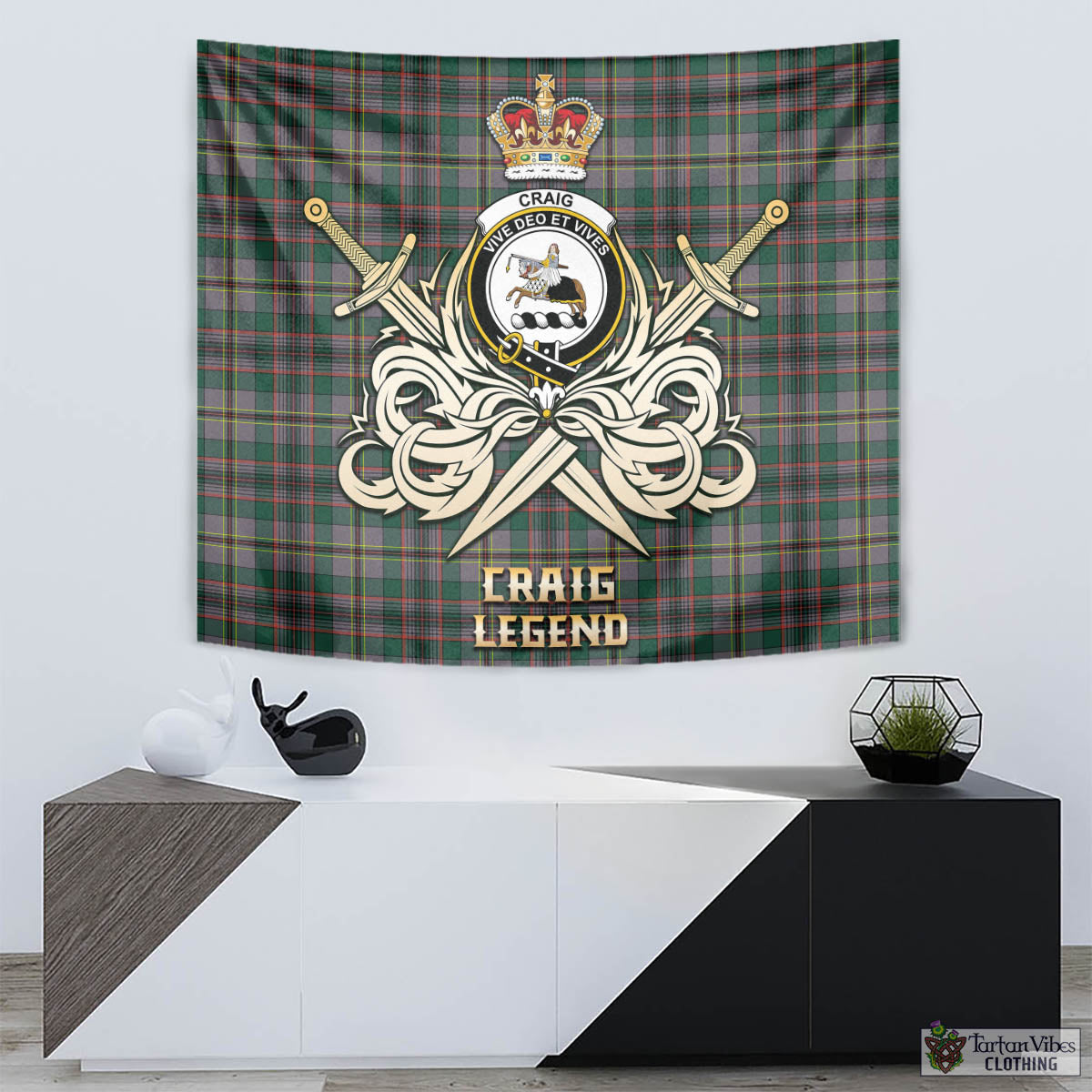 Tartan Vibes Clothing Craig Ancient Tartan Tapestry with Clan Crest and the Golden Sword of Courageous Legacy