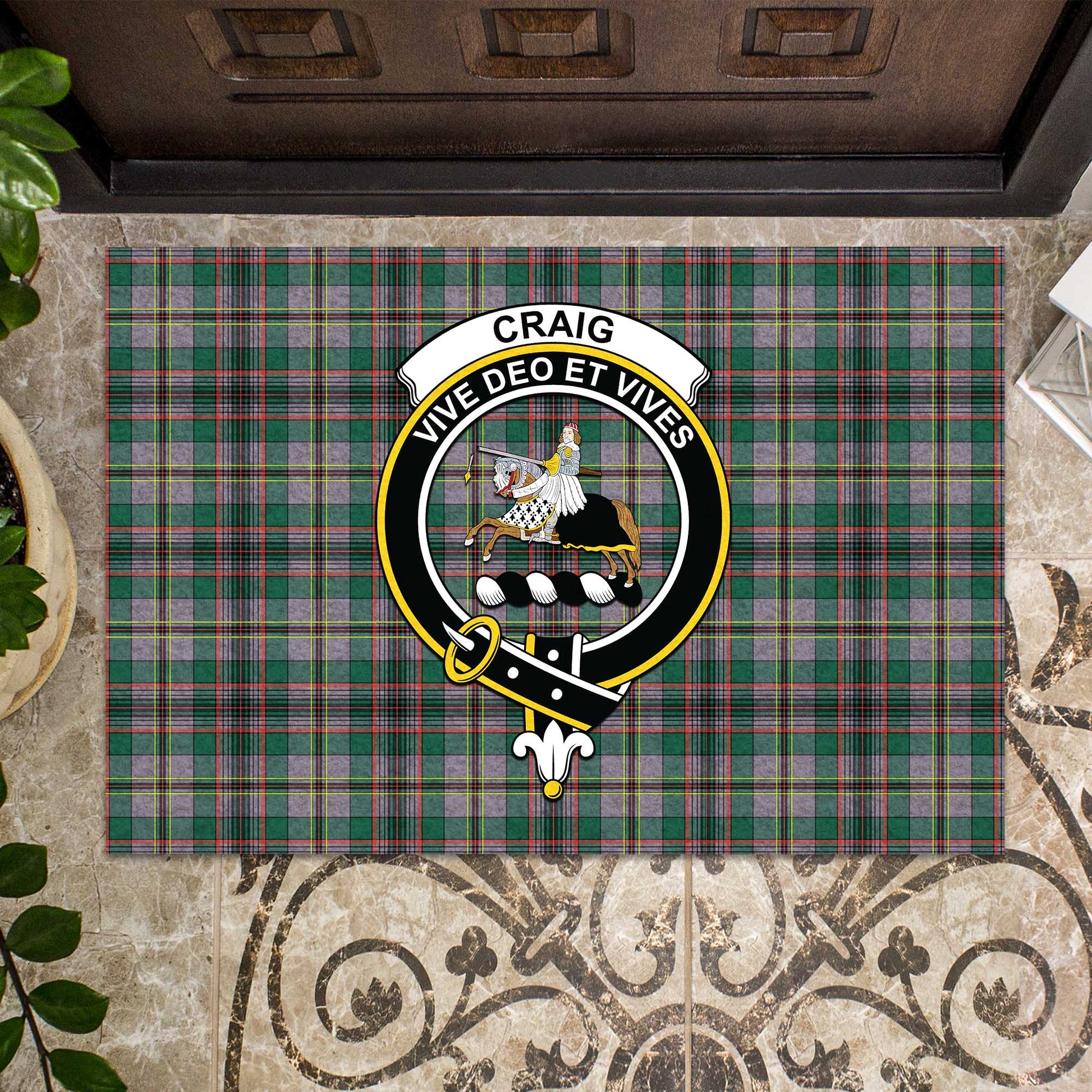 Craig Ancient Tartan Door Mat with Family Crest - Tartanvibesclothing