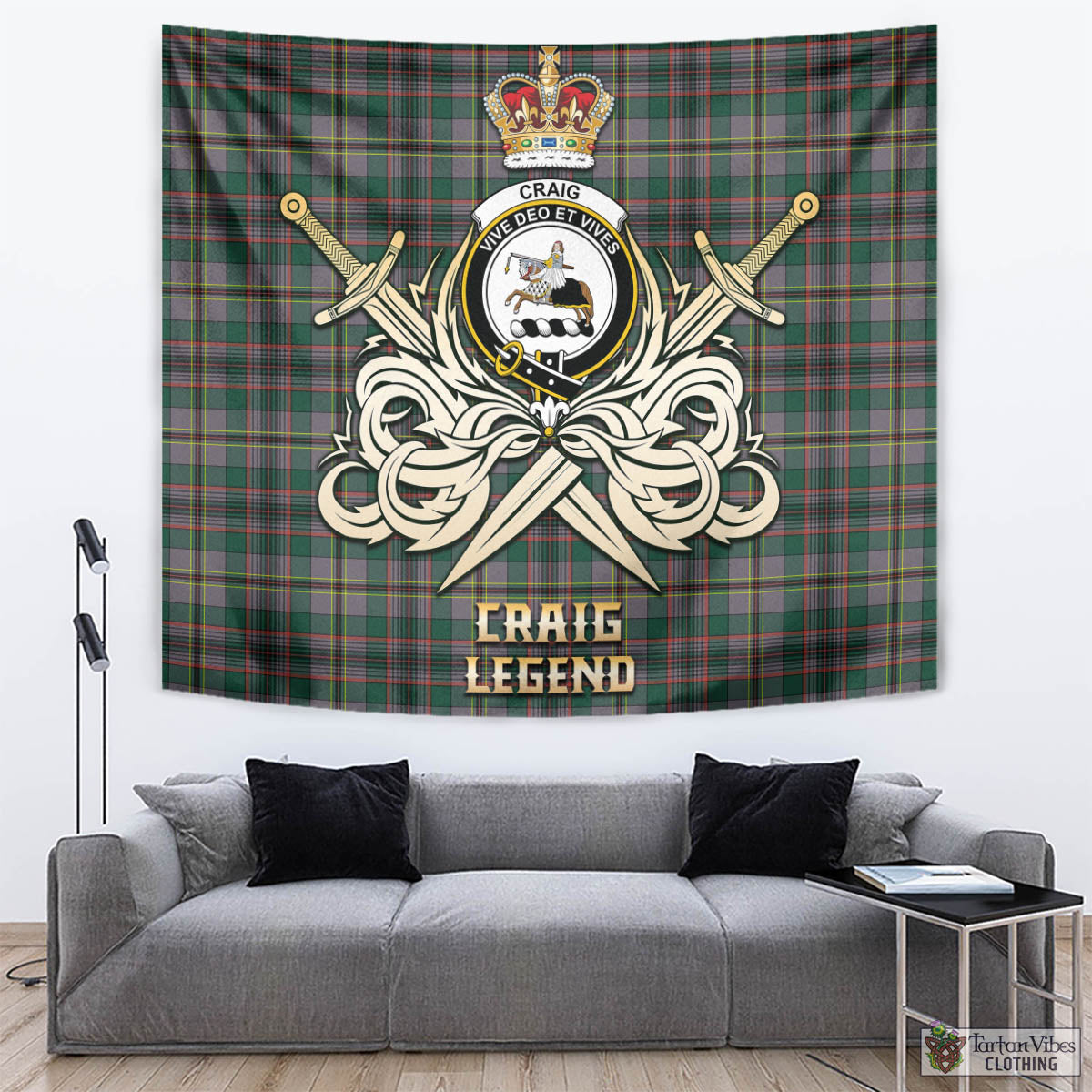 Tartan Vibes Clothing Craig Ancient Tartan Tapestry with Clan Crest and the Golden Sword of Courageous Legacy