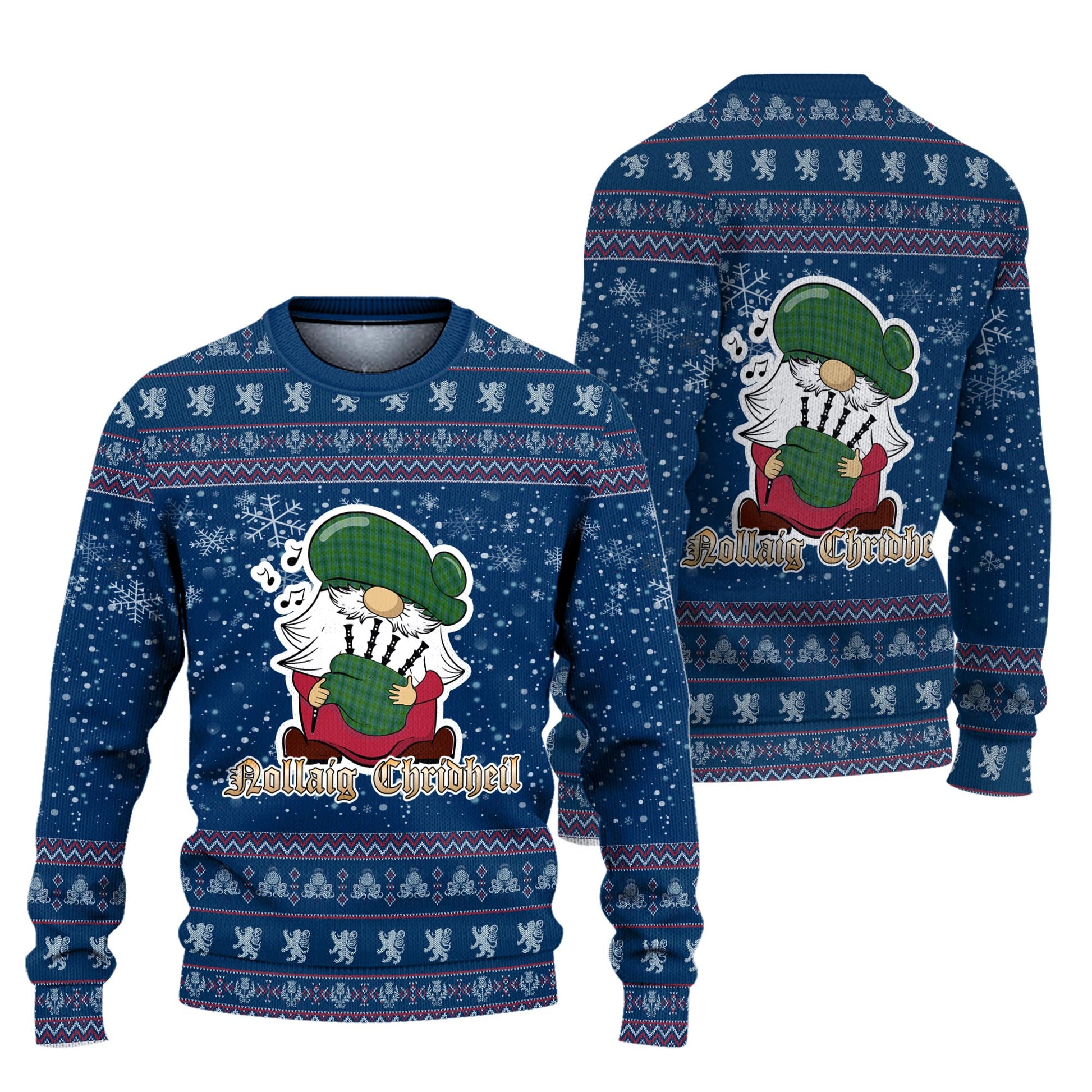 Cranston Clan Christmas Family Knitted Sweater with Funny Gnome Playing Bagpipes Unisex Blue - Tartanvibesclothing