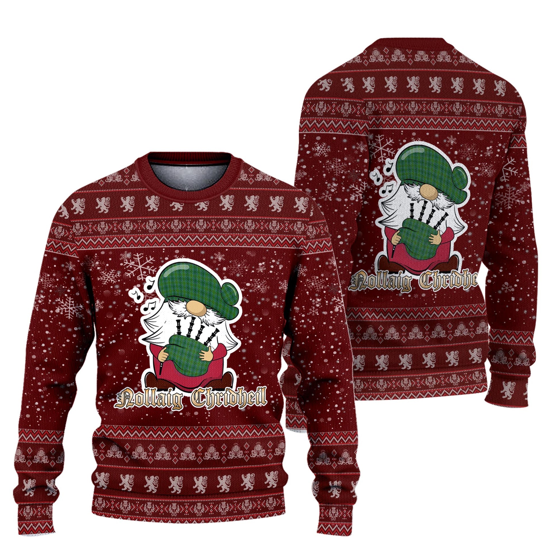 Cranston Clan Christmas Family Knitted Sweater with Funny Gnome Playing Bagpipes Unisex Red - Tartanvibesclothing