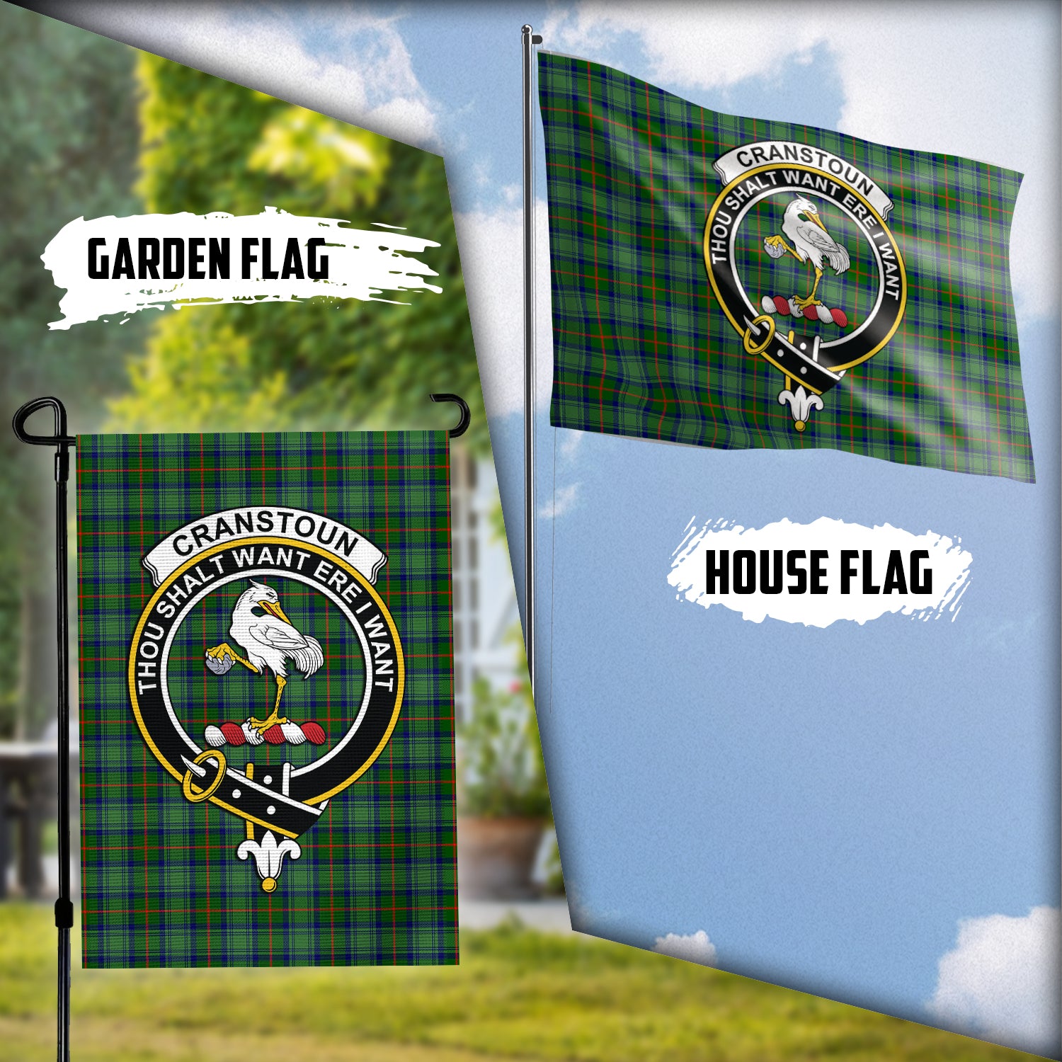 Cranstoun (Cranston) Tartan Flag with Family Crest Garden Flag (Vertical) - Tartan Vibes Clothing