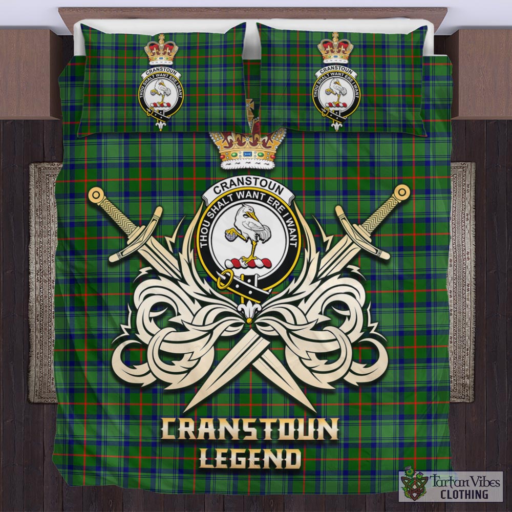 Tartan Vibes Clothing Cranstoun Tartan Bedding Set with Clan Crest and the Golden Sword of Courageous Legacy