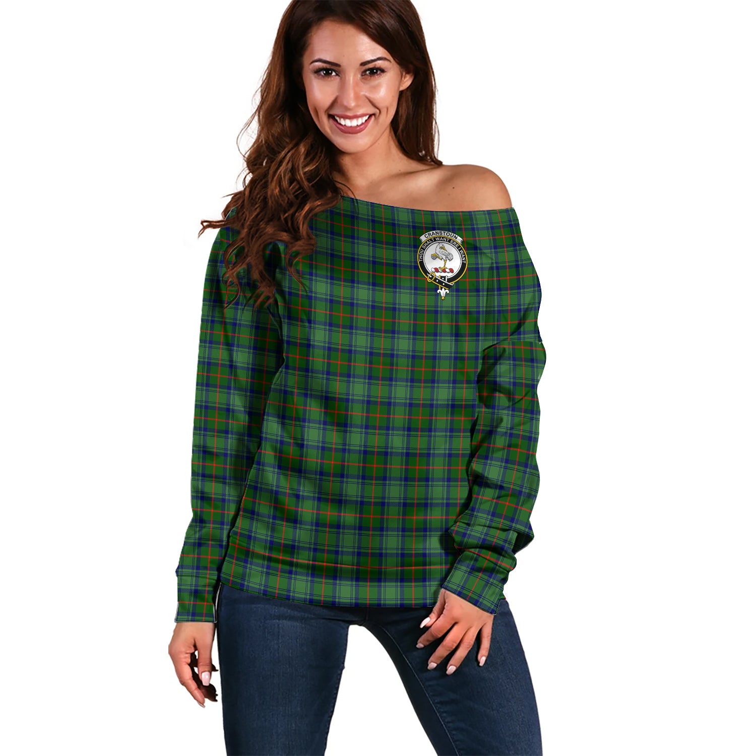 Cranstoun Tartan Off Shoulder Women Sweater with Family Crest Women - Tartanvibesclothing