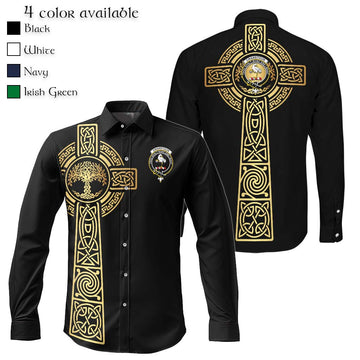 Cranstoun (Cranston) Clan Mens Long Sleeve Button Up Shirt with Golden Celtic Tree Of Life