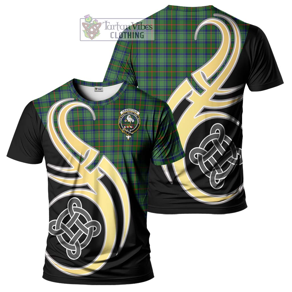 Tartan Vibes Clothing Cranstoun Tartan T-Shirt with Family Crest and Celtic Symbol Style