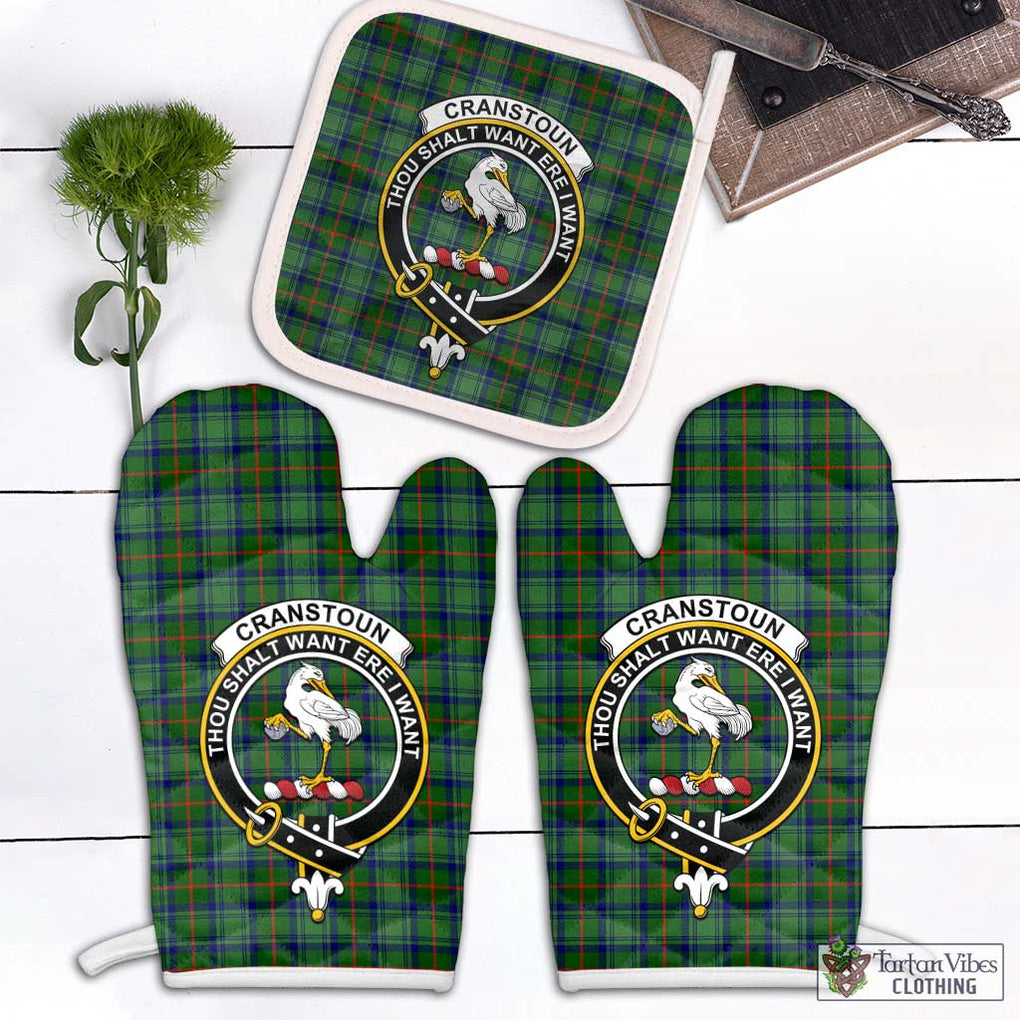 Cranstoun (Cranston) Tartan Combo Oven Mitt & Pot-Holder with Family Crest Combo 1 Oven Mitt & 1 Pot-Holder White - Tartan Vibes Clothing