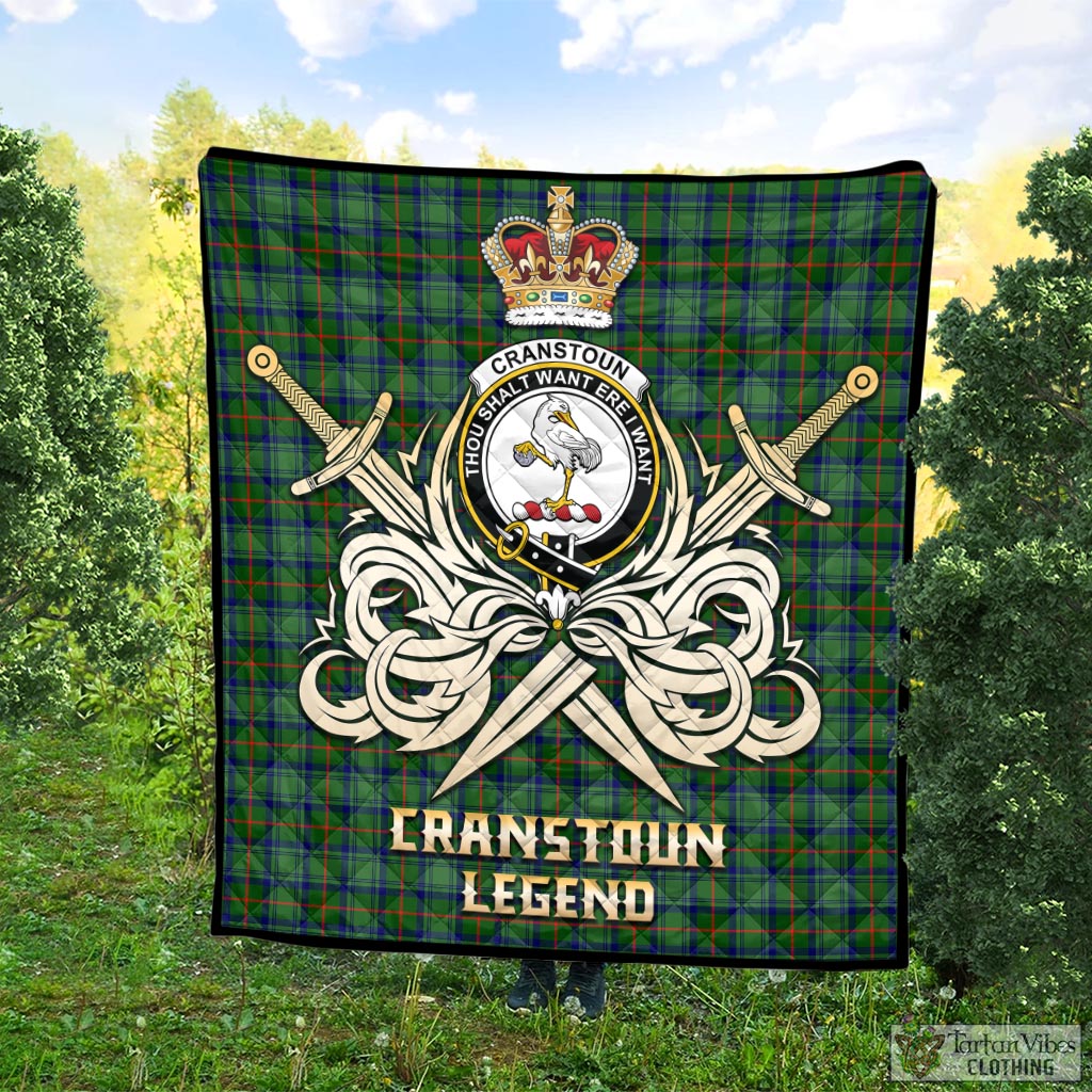 Tartan Vibes Clothing Cranstoun Tartan Quilt with Clan Crest and the Golden Sword of Courageous Legacy