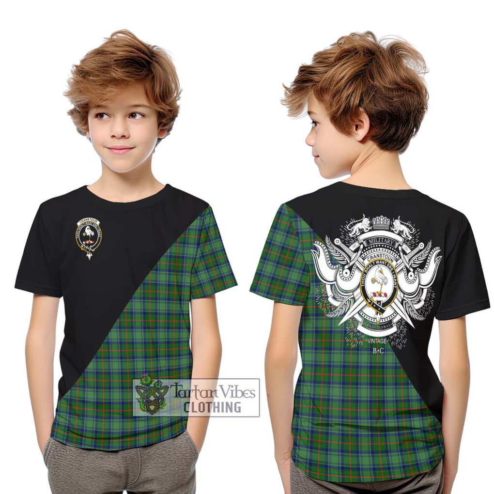 Cranstoun (Cranston) Tartan Kid T-Shirt with Family Crest and Military Logo Style Youth XL Size14 - Tartanvibesclothing Shop